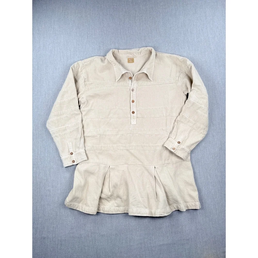 Free People Tan‎ Cotton Ribbed Henley Peplum Tunic Top Long Sleeve Beige Small